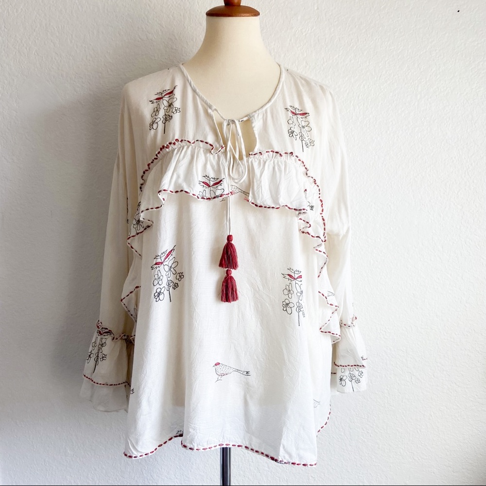 Ivy Jane ruffle tie blouse bird floral ruffle large boho